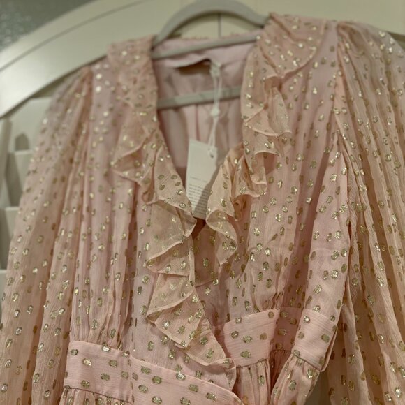 ZIMMERMANN Pink Gold Foil Ruffle Wrap Silk Mini Dress - Long Sleeve Size 0 - NWT - Picture 15 of 16